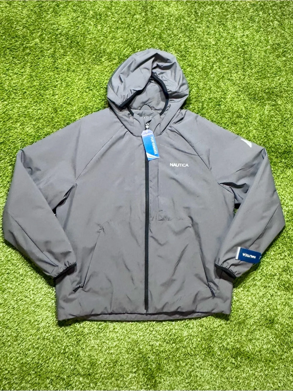 Nautica Men’s Hooded Full Zip Jacket Water/Wind Resistant Stretch Gray Large NWT